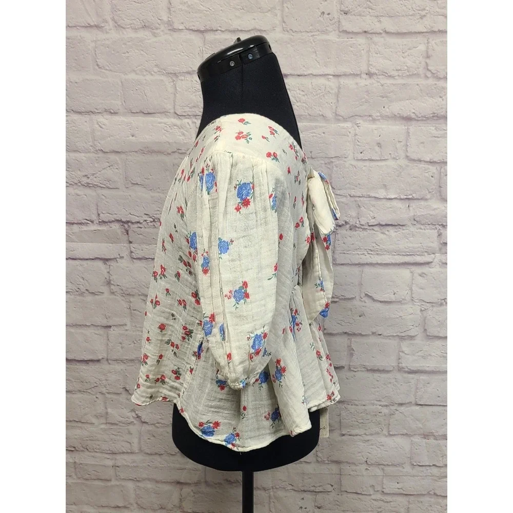 Free‎ People Floral Cotton Gauze Peplum Blouse Ivory Red Blue XS NEW WITH FLAW